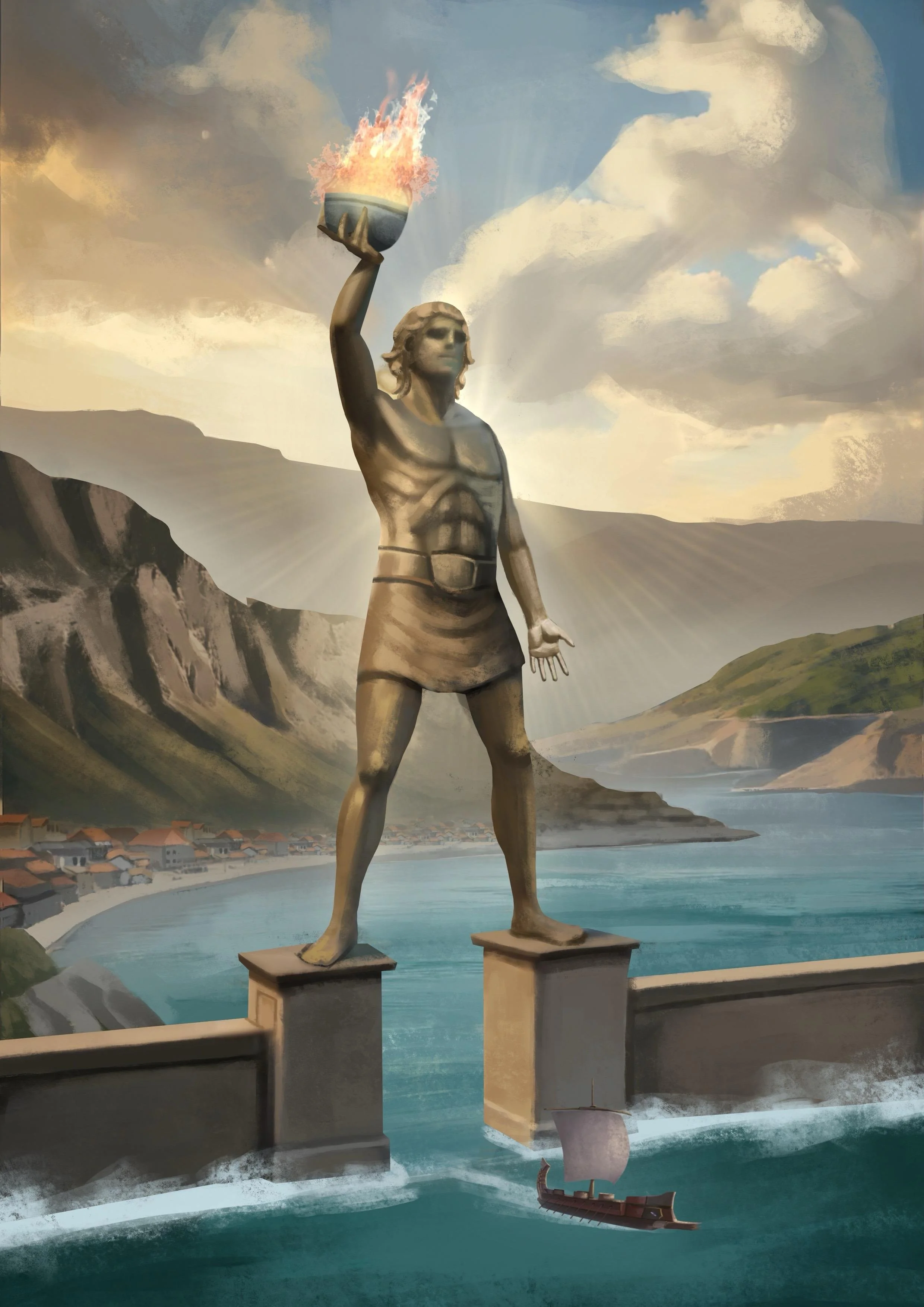 A giant bronze statue of a Viking holding a flaming bowl stands over water, with a small sailing ship below and a mountainous landscape in the background.