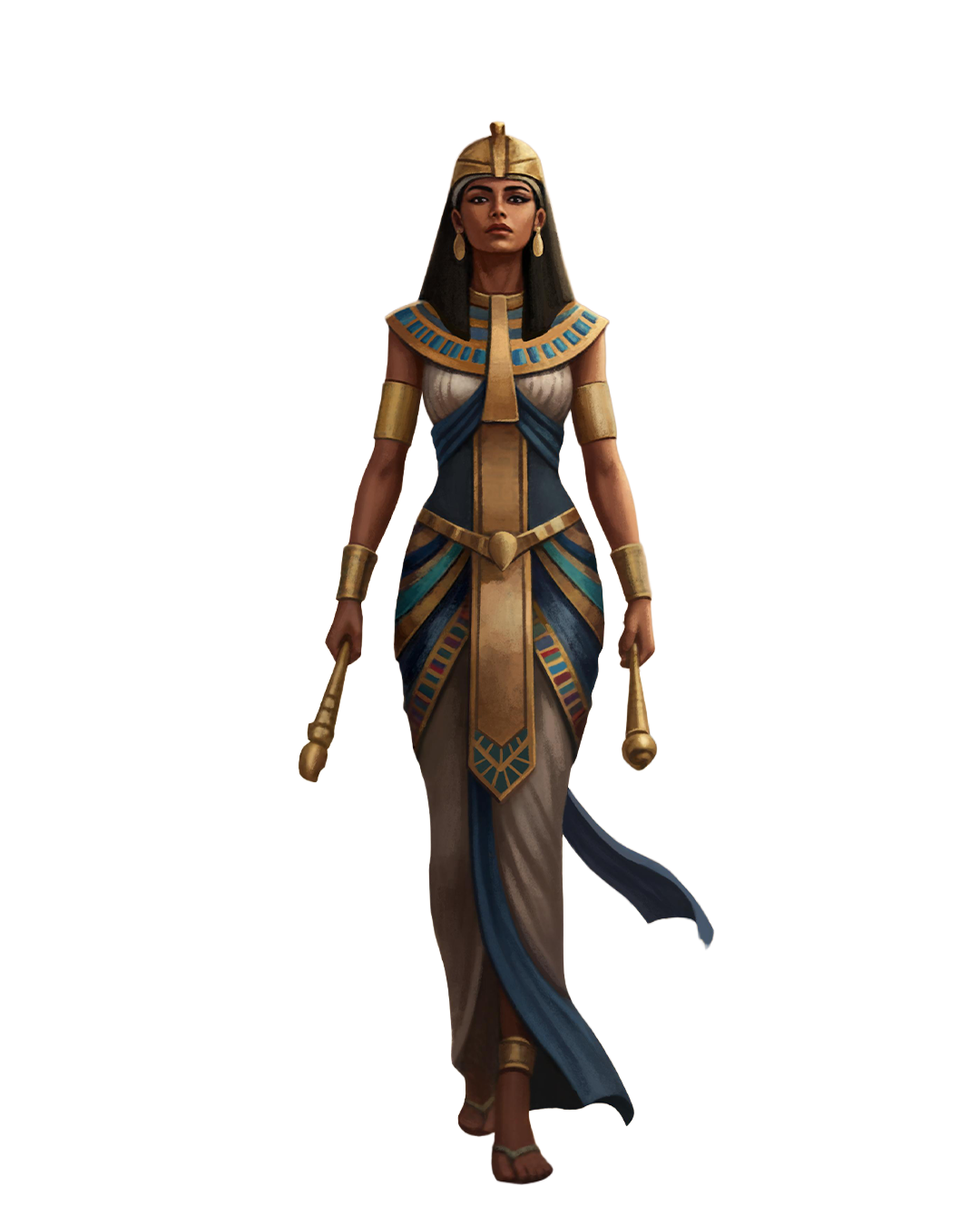 Illustration of an ancient Egyptian queen wearing traditional dress and jewelry, holding scepters in both hands.