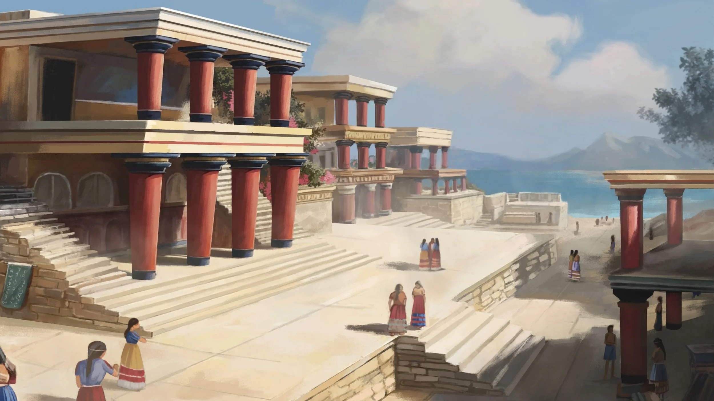 Ancient Greek or Roman architectural ruins with large red columns, stairs, and people in traditional clothing near a body of water, mountains in the background.