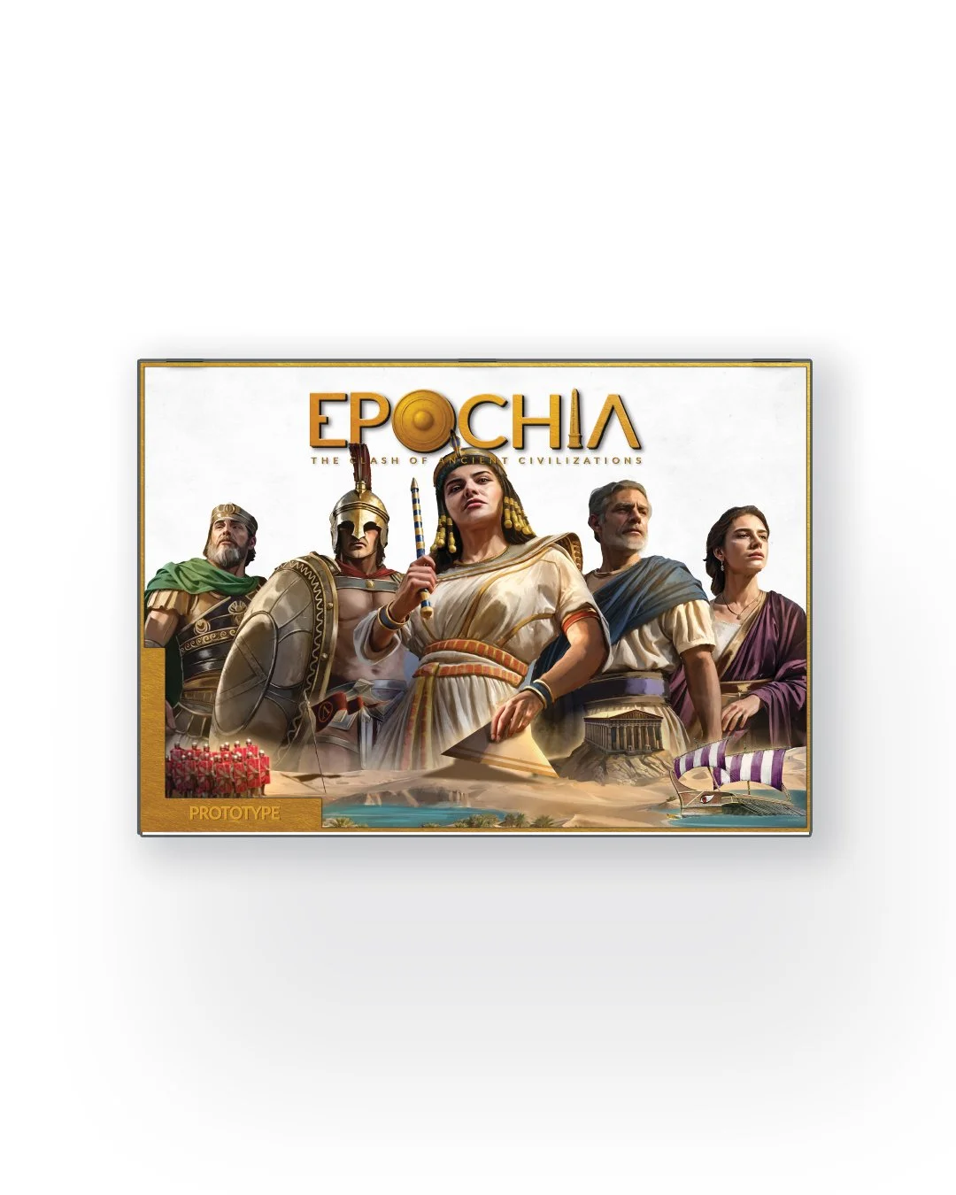 Board game box titled "Epochia" with ancient civilization characters, including a woman with a scepter, a soldier with a shield, and others in historical attire, set against a backdrop of pyramids and ships.