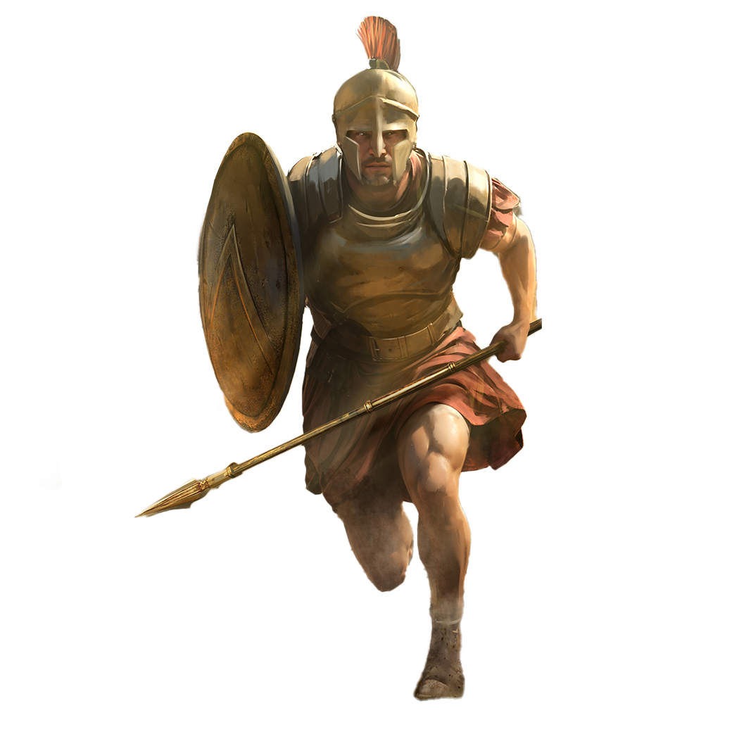 Ancient Roman soldiers running with weapons, including spears and shields, on a battlefield with dust and clouds in the background.