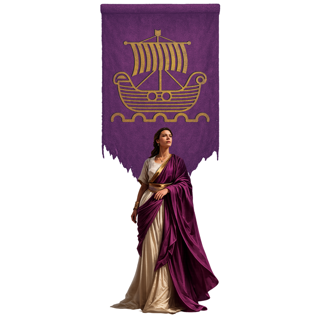 A woman wearing a cream and purple sari standing in front of a purple banner with a gold Viking ship emblem.