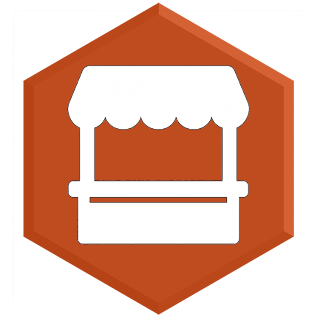 Icon of a market stall or vendor booth with a striped canopy on an orange background.