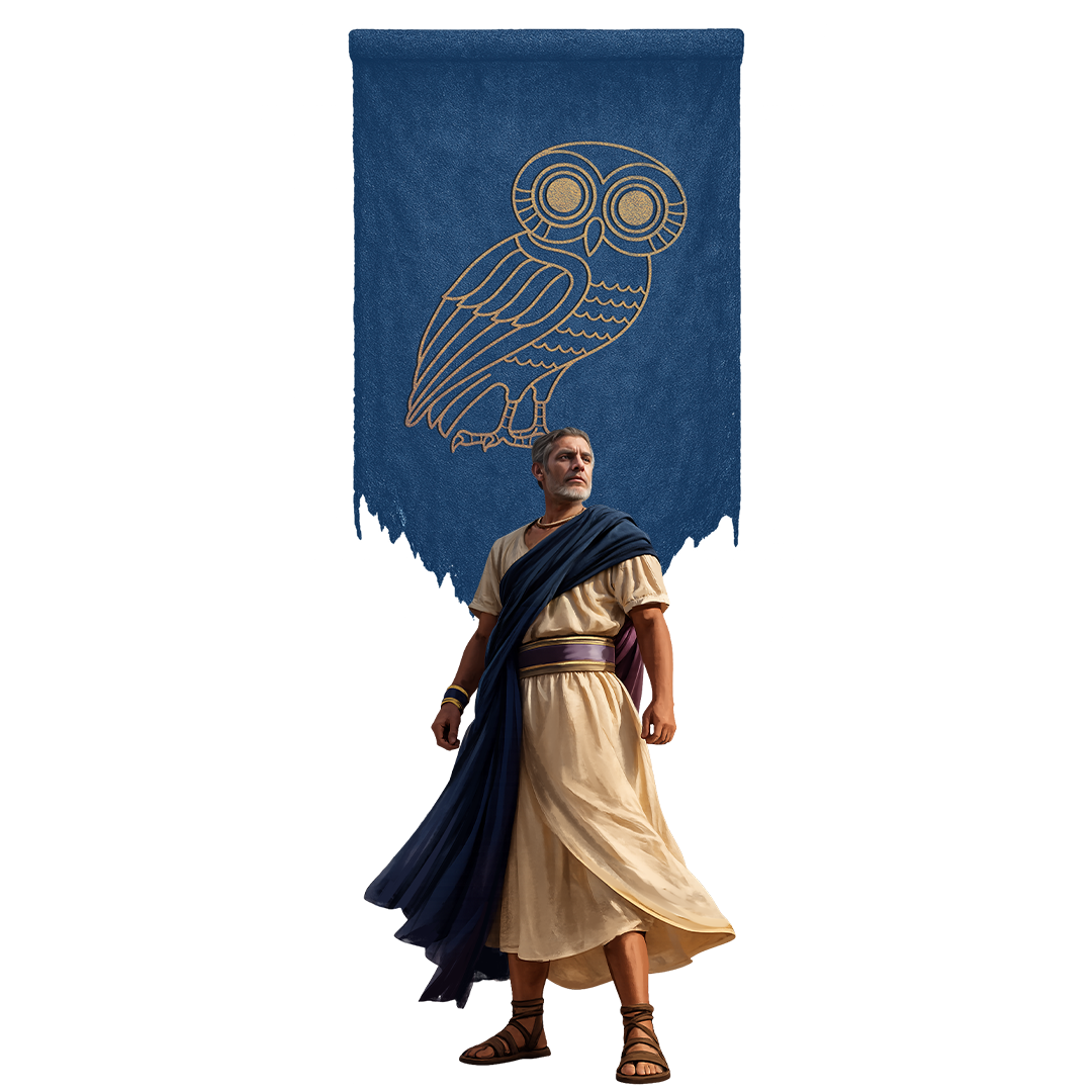 A man dressed in ancient Roman clothing stands in front of a large blue banner with a gold outline of an owl.
