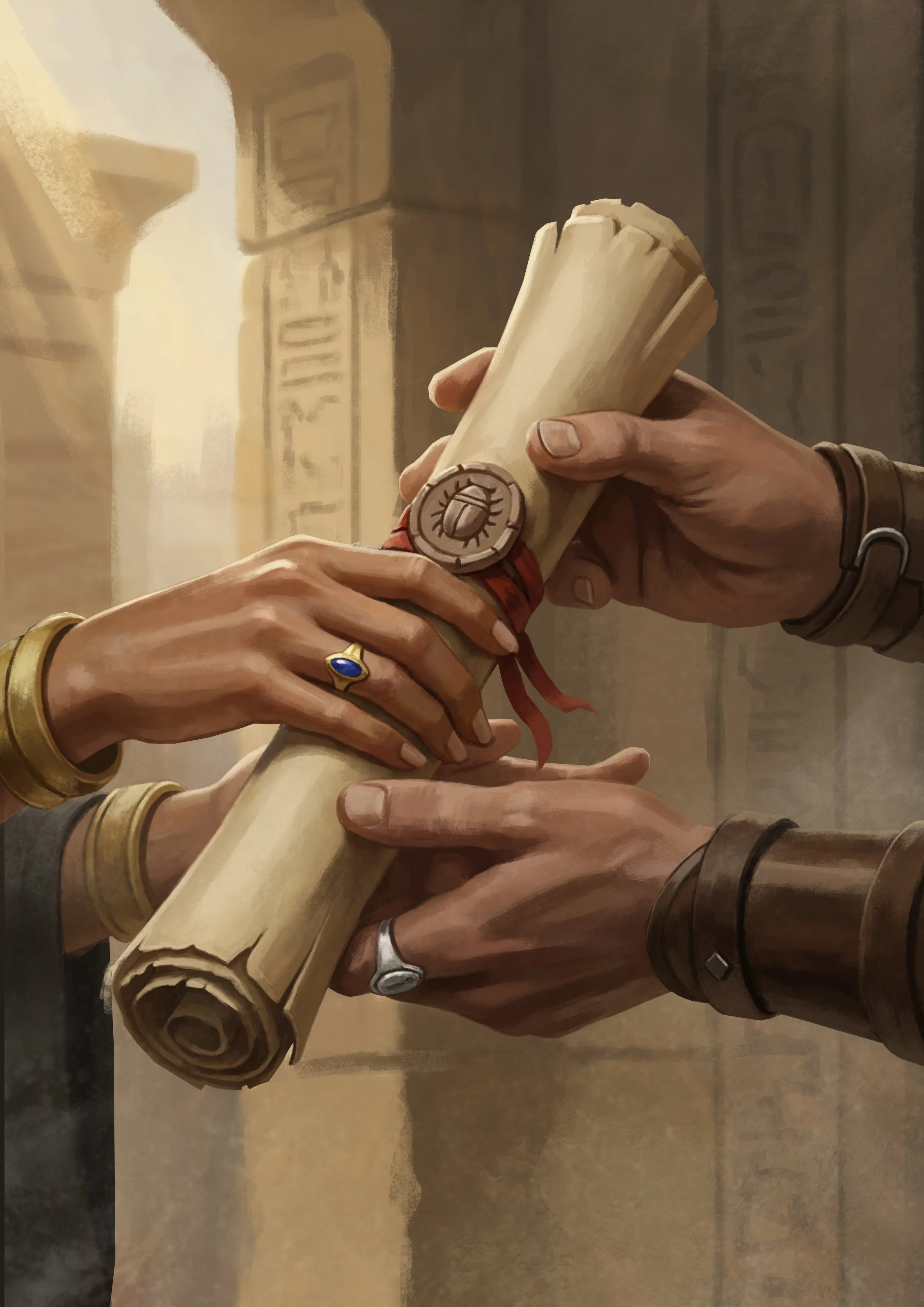 Several hands exchanging a rolled parchment tied with red ribbon, with a wax seal featuring a beetle emblem, in a setting resembling an ancient Egyptian temple.