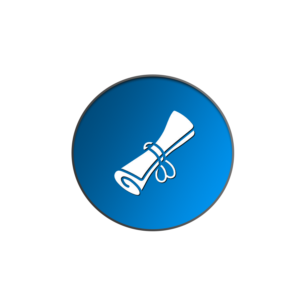 Icon of a rolled diploma tied with a ribbon inside a blue circle.