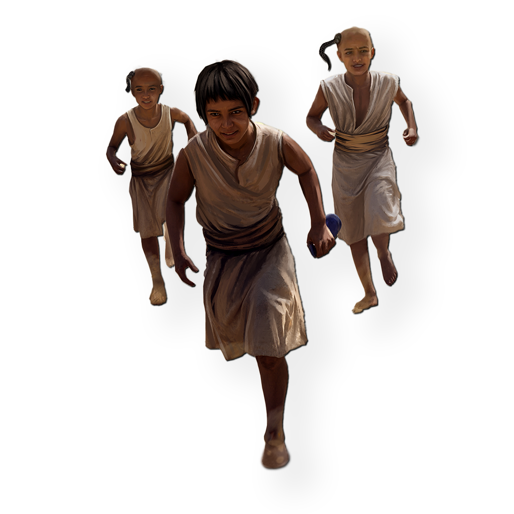 Three children running on a dark background, wearing beige traditional clothing.