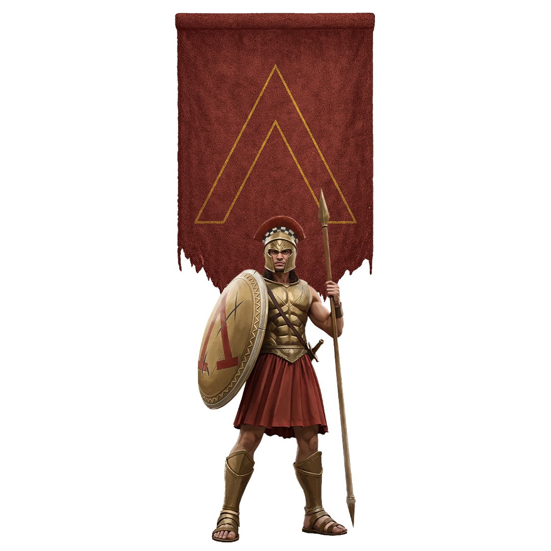 A digital illustration of an ancient Greek soldier, wearing a helmet and armor, holding a spear in the right hand and a shield in the left, standing in front of a red banner with a golden geometric symbol.