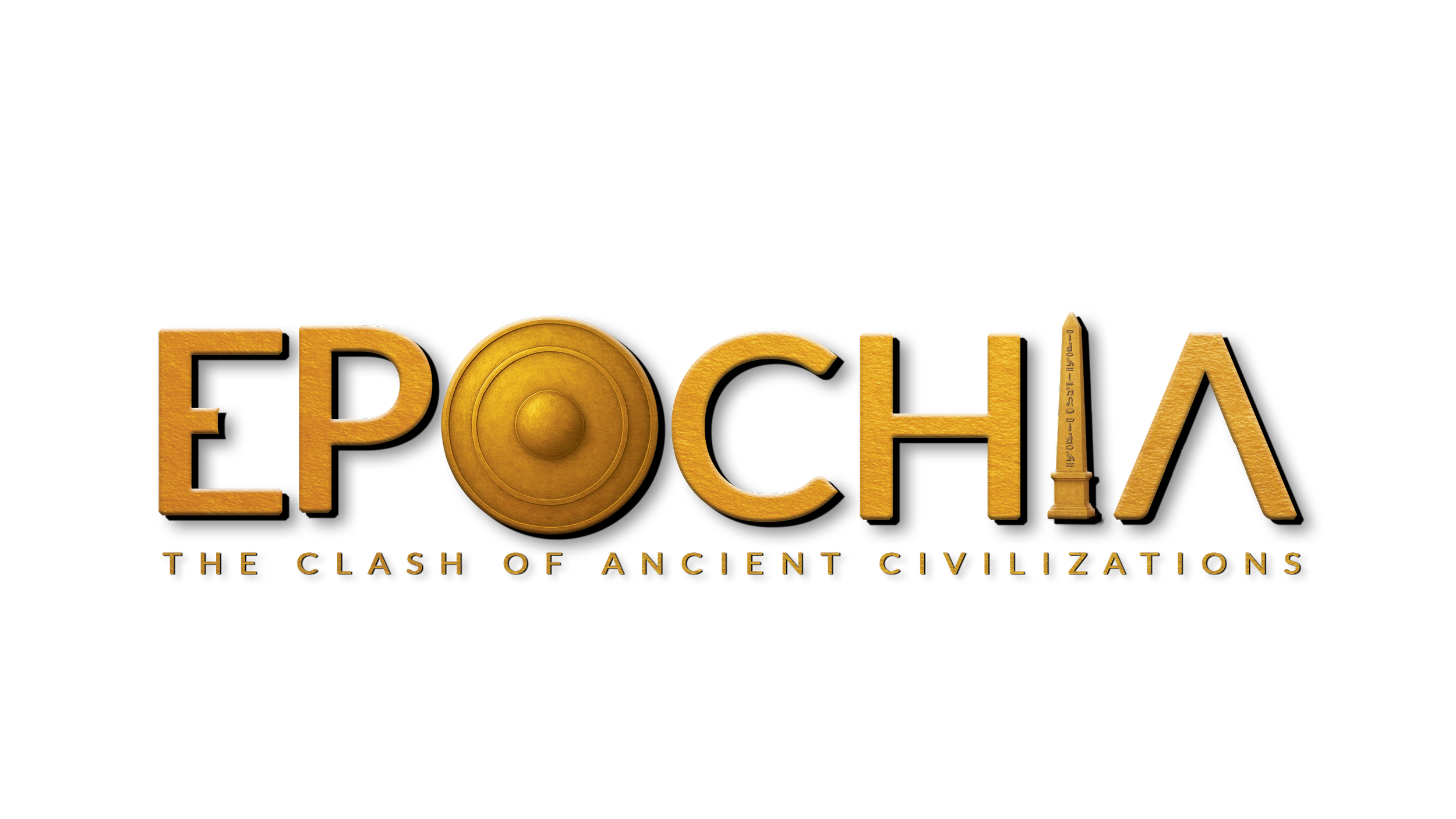 The title 'EPOCHA' in gold lettering with a shield, spear, and shield boss. Subtitle reads 'The Clash of Ancient Civilizations' on a black background.