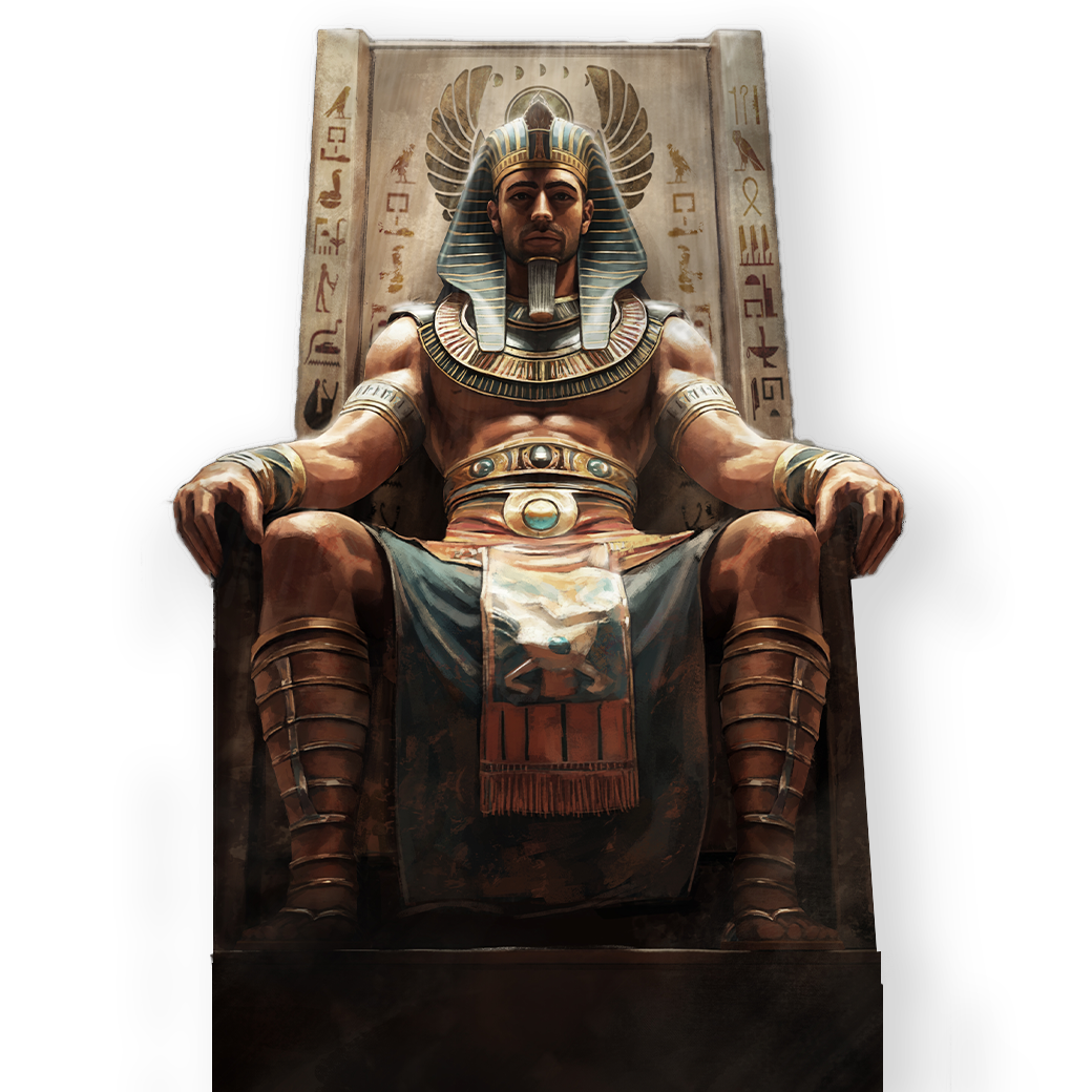 Digital artwork of an ancient Egyptian pharaoh sitting on a throne, wearing a striped nemes headdress and traditional Egyptian jewelry, with hieroglyphics and symbols in the background.