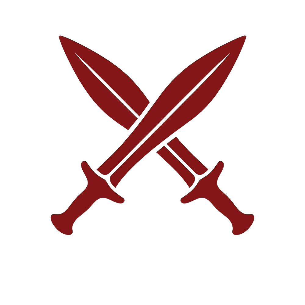 Two crossed red swords on a black background.