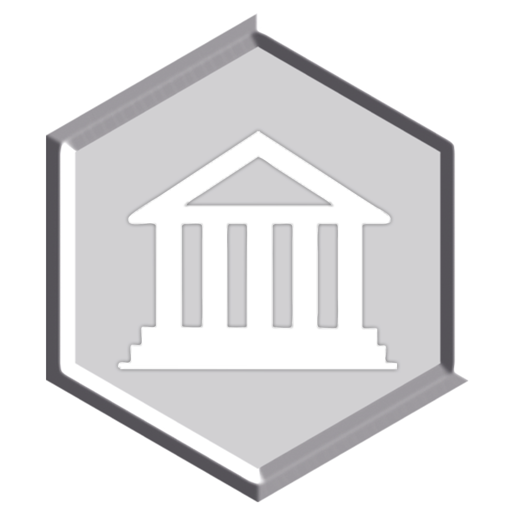 Gray hexagonal seal with a white outline of a classical building with columns and a triangular pediment, representing a government or institutional symbol.