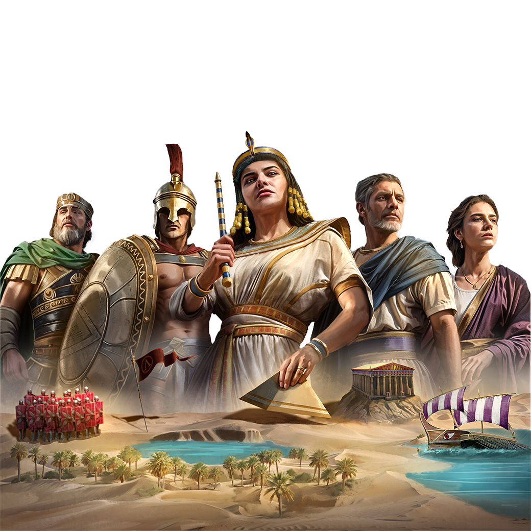 An animated depiction of ancient Greek figures in traditional attire with a landscape of palm trees, a river, and classical architecture in the background.