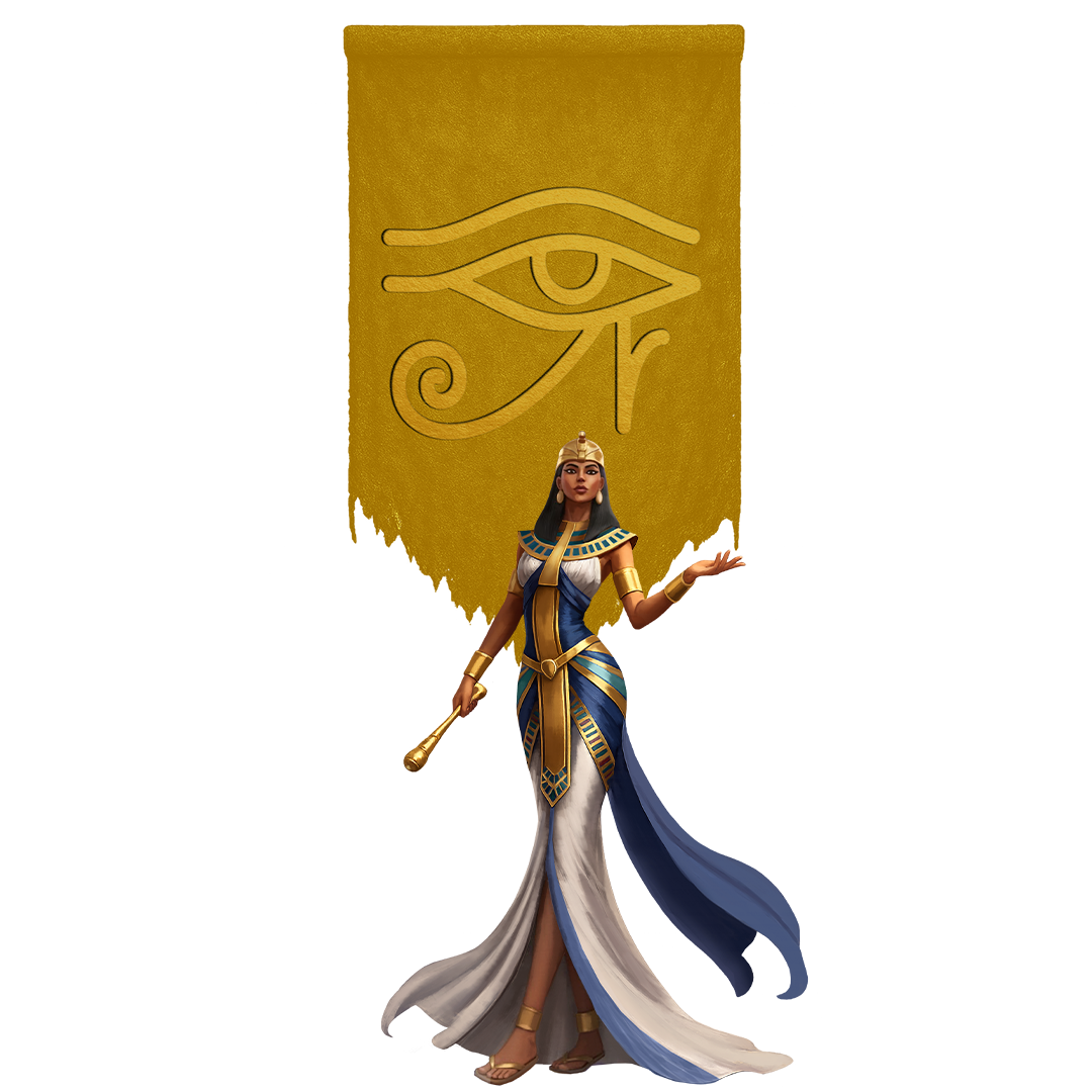 A woman dressed as an ancient Egyptian queen or goddess, wearing gold and blue attire with jewelry, standing in front of a gold background with a large Eye of Horus symbol.