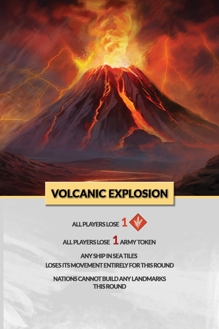 An illustration of a volcano erupting with lava, ash, and lightning in the background. The scene is fiery and intense.