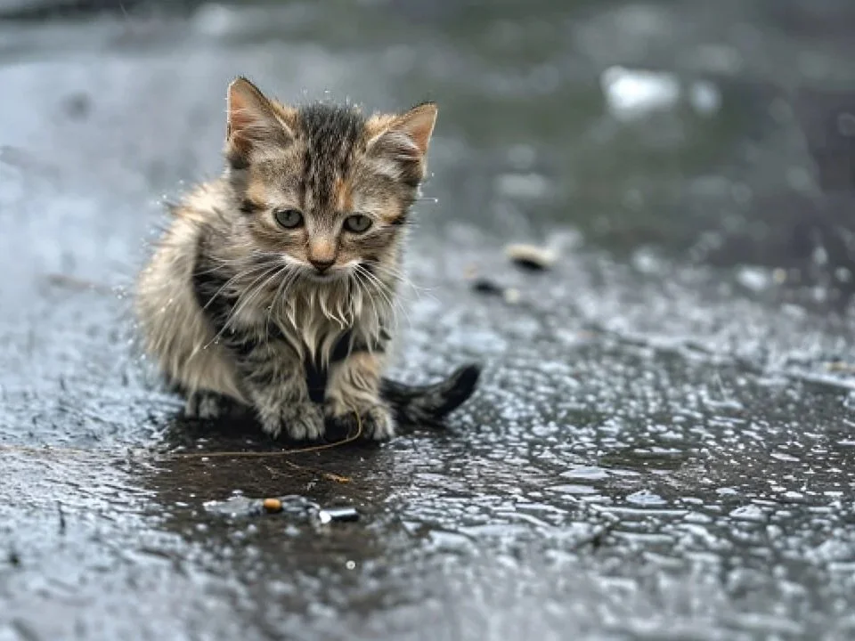 A wet kitten sitting on a wet surface with water around it.