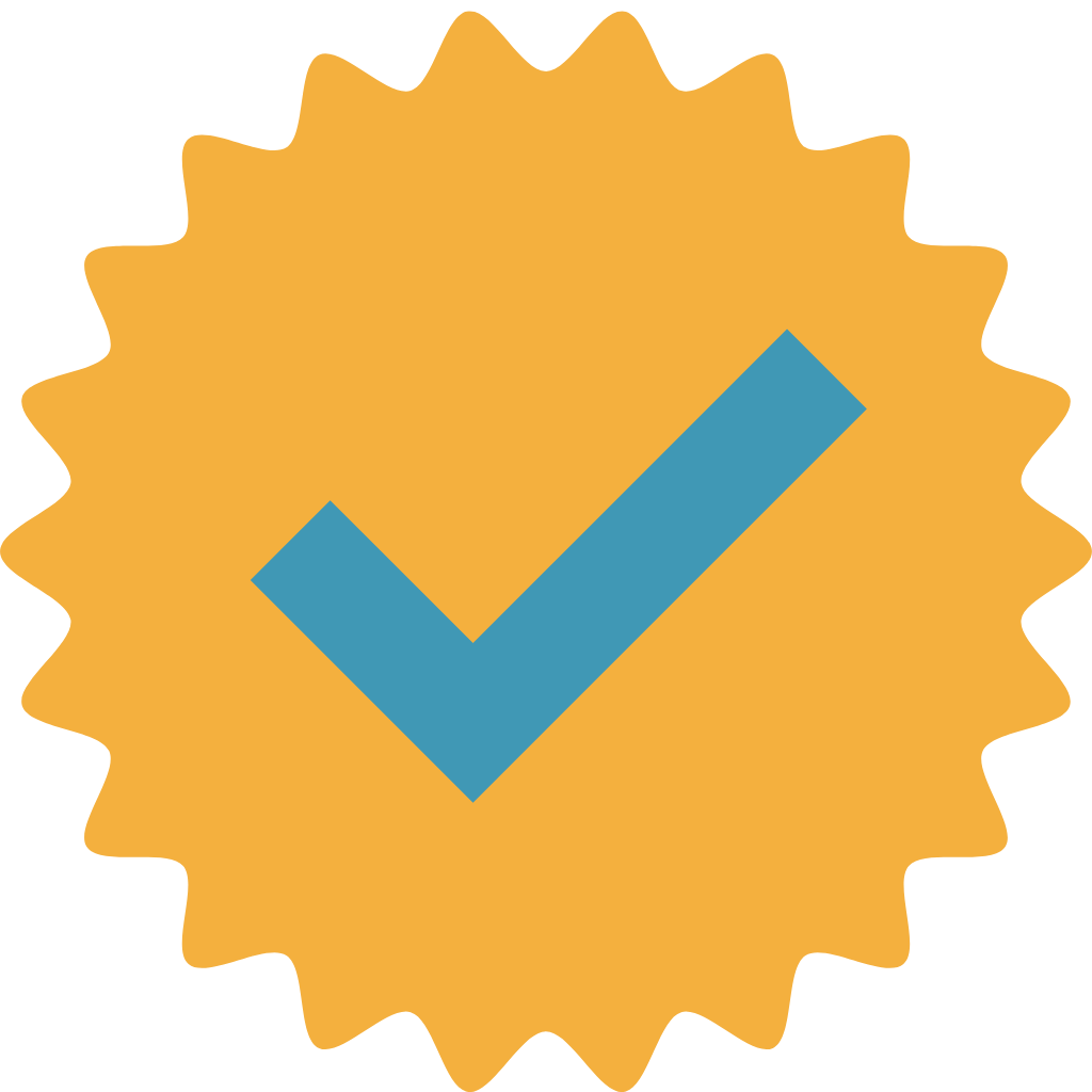 Gold seal with a blue checkmark in the center.