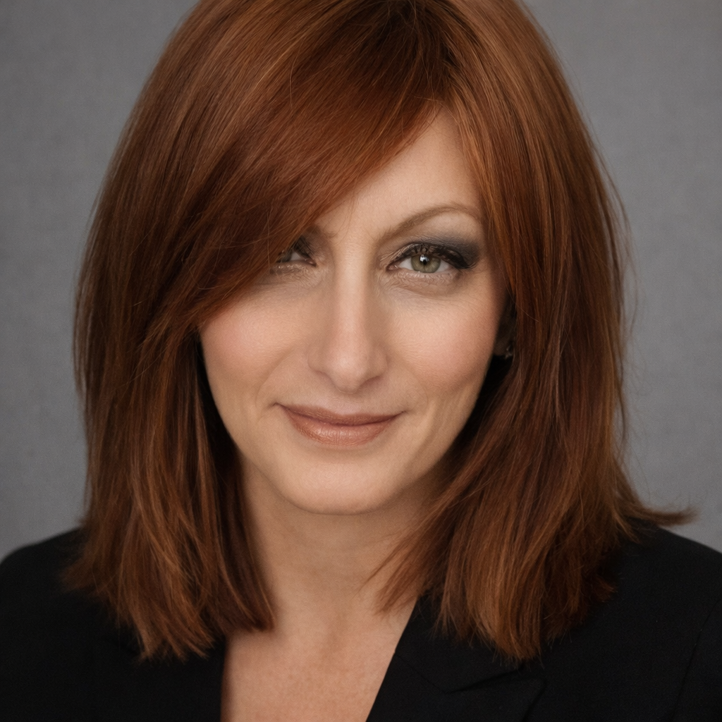 A woman with shoulder-length red hair, winking and smiling slightly, wearing a black top, against a gray background.
