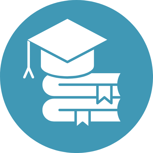 Icon of a graduation cap on top of three stacked books with bookmarks.