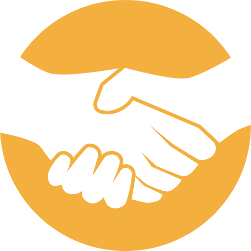 A black and gold icon of two hands shaking inside a circle.