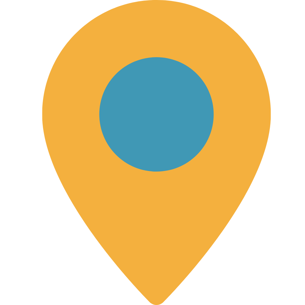 A location pin icon with a blue center and an orange outer ring.
