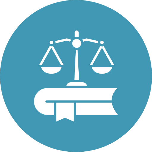 Icon of a balance scale on top of a closed book with a bookmark.