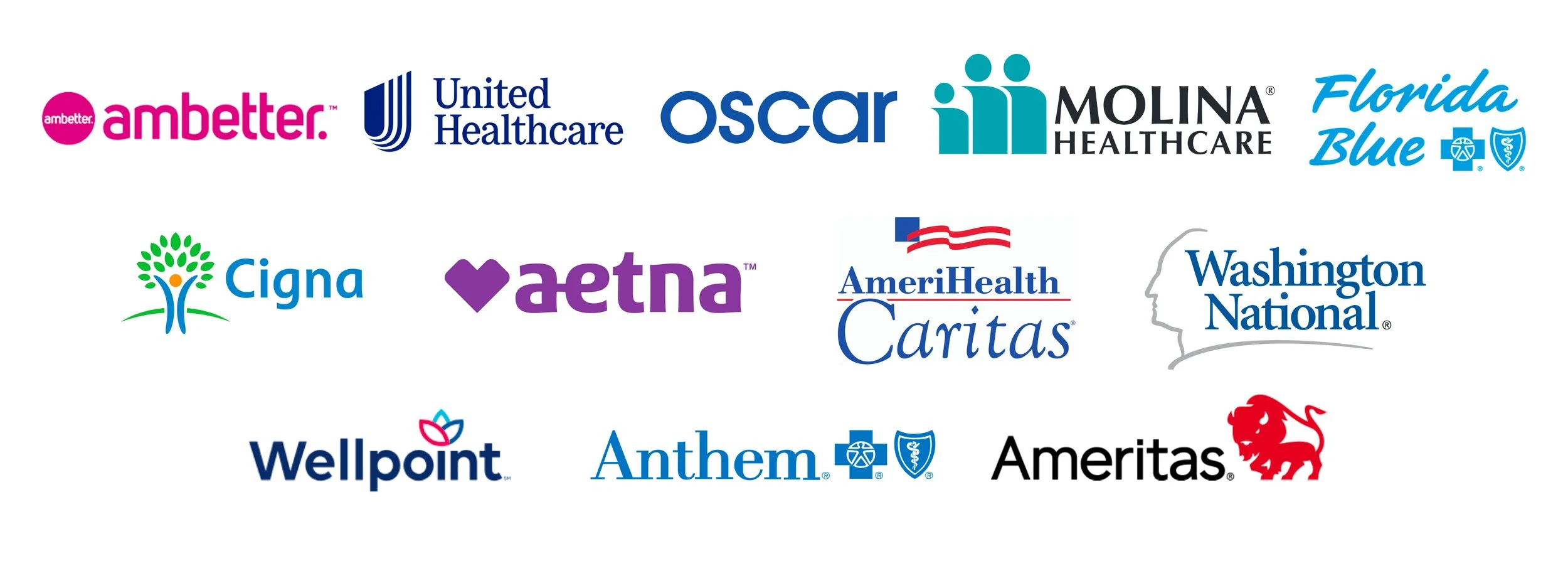 Ambetter, United Healthcare, Oscar, Molina Healthcare, Florida Blue, Cigna, Aetna, AmeriHealth Caritas, Washington National, Wellpoint, Anthem, y otros.