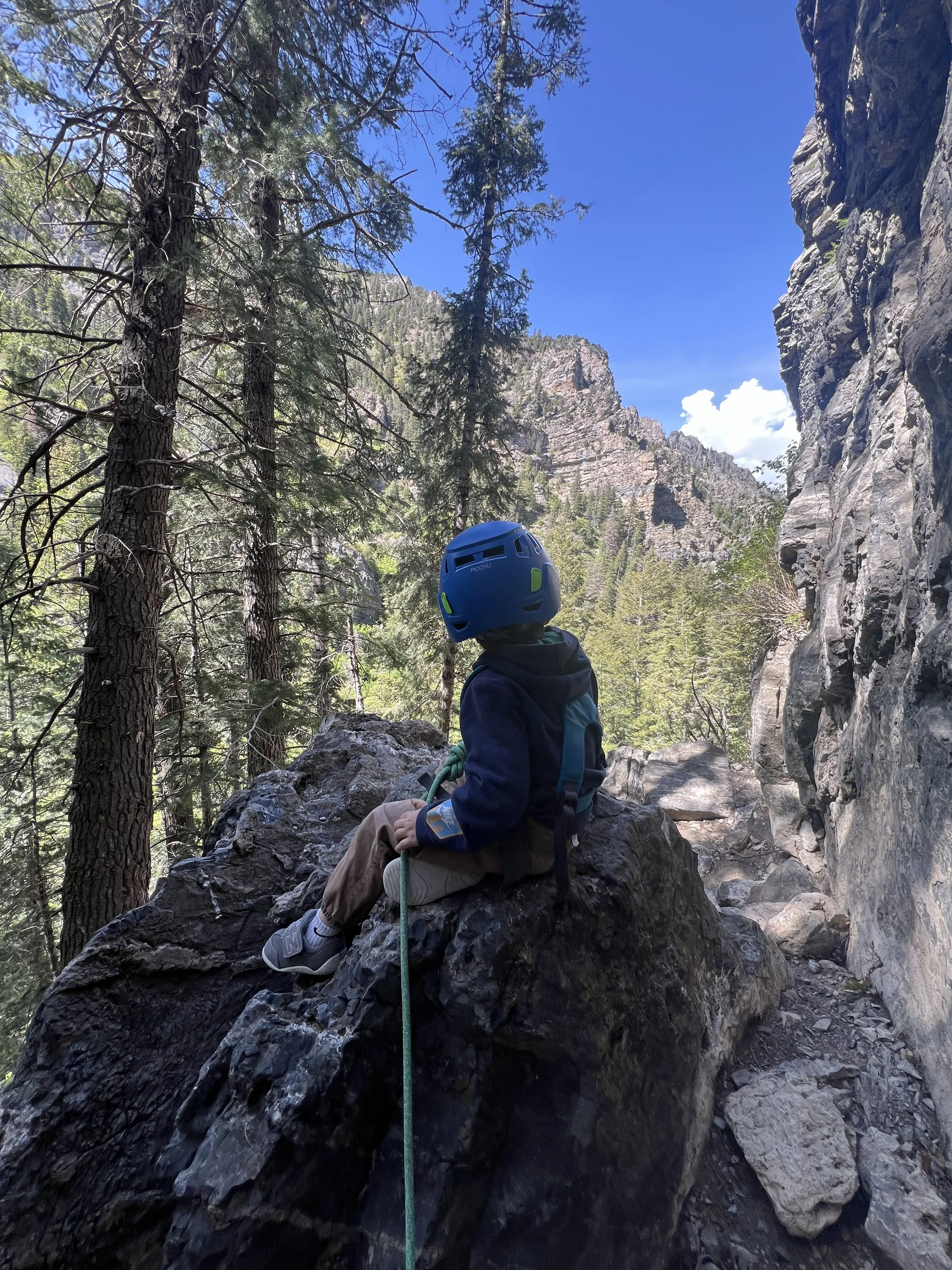 A young child sitting on a large rock in a forested mountain area, wearing a blue helmet, jacket, and brown pants, with a climbing rope attached, surrounded by tall trees and rocky cliffs under a bright blue sky.