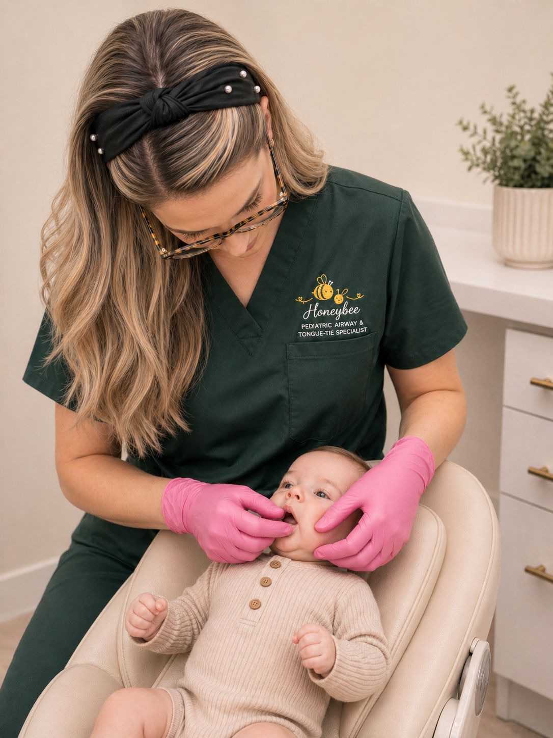 Dr. Nez, a pediatric dentist professional in green scrubs examines a baby's mouth while wearing pink gloves in a clinic setting.