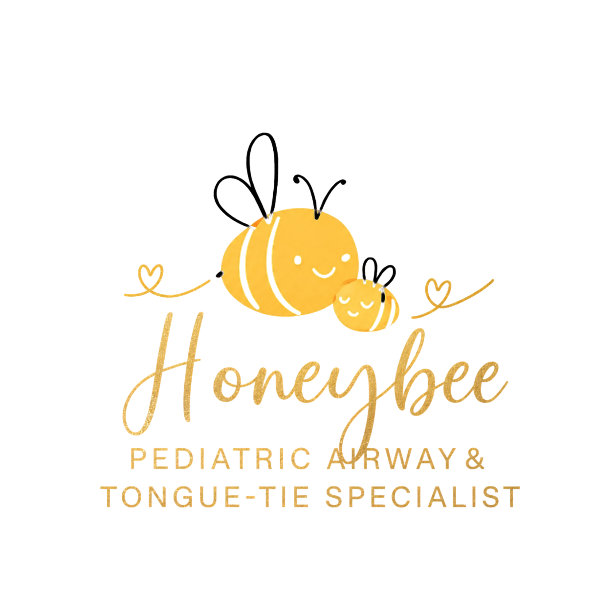 Logo with two cartoon bees, hearts, and text: "Honeybee Pediatric Airway &amp; Tongue-Tie Specialist.