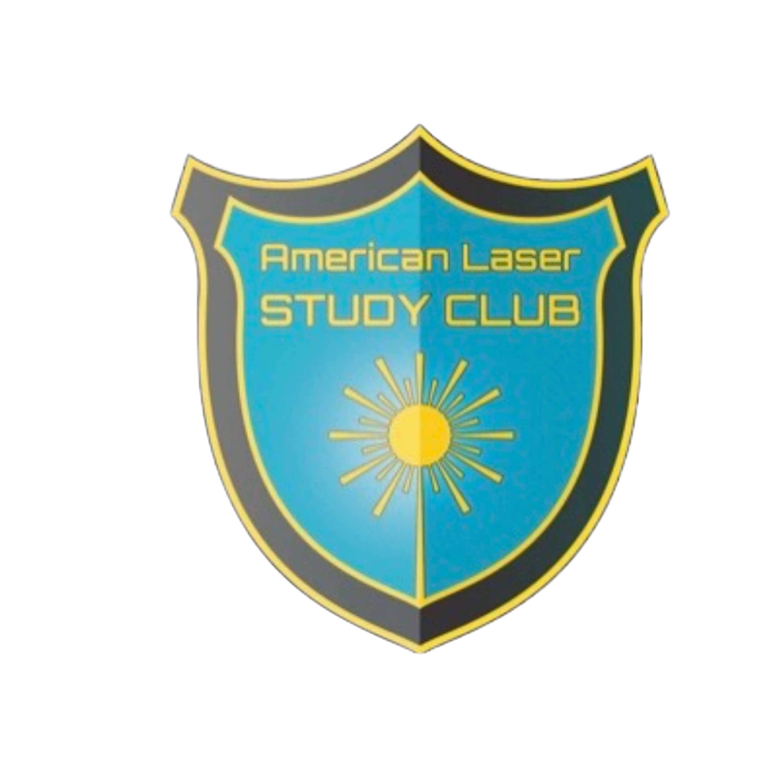 Shield-shaped badge with a blue background and yellow border, featuring a yellow sunburst design and the words 'American Laser Study Club' in yellow text.