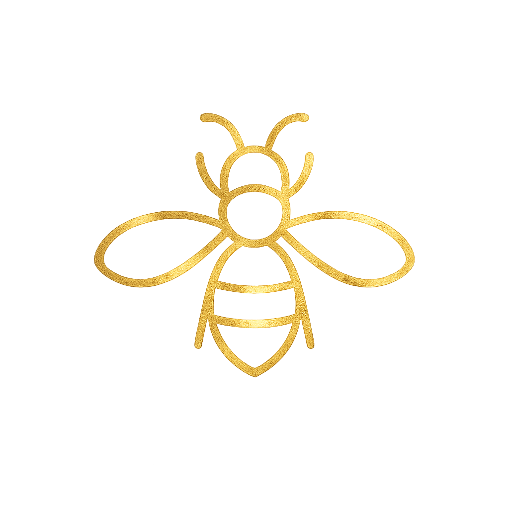 Gold outline of a bee for Honeybee Pediatric airway and tongue-tie specialist, centered on a solid black background.