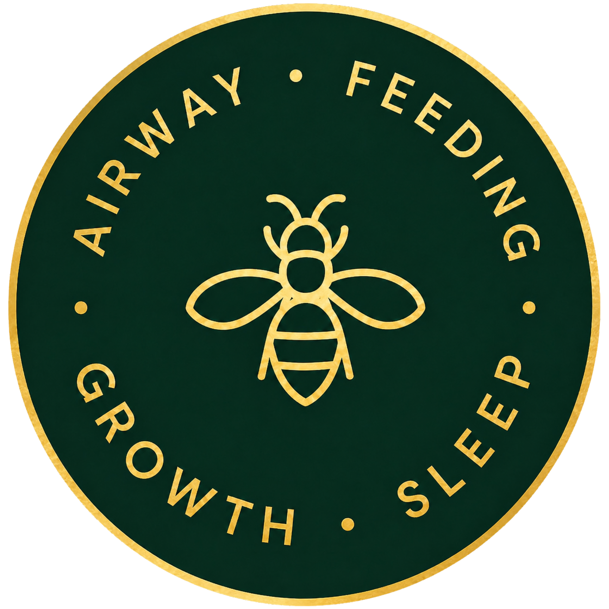 A gold bee icon is centered on a dark green circle with the words airway, feeding, sleep, and growth around it showcasing Dr. Nez who specializes in airway and tongue-tie care.