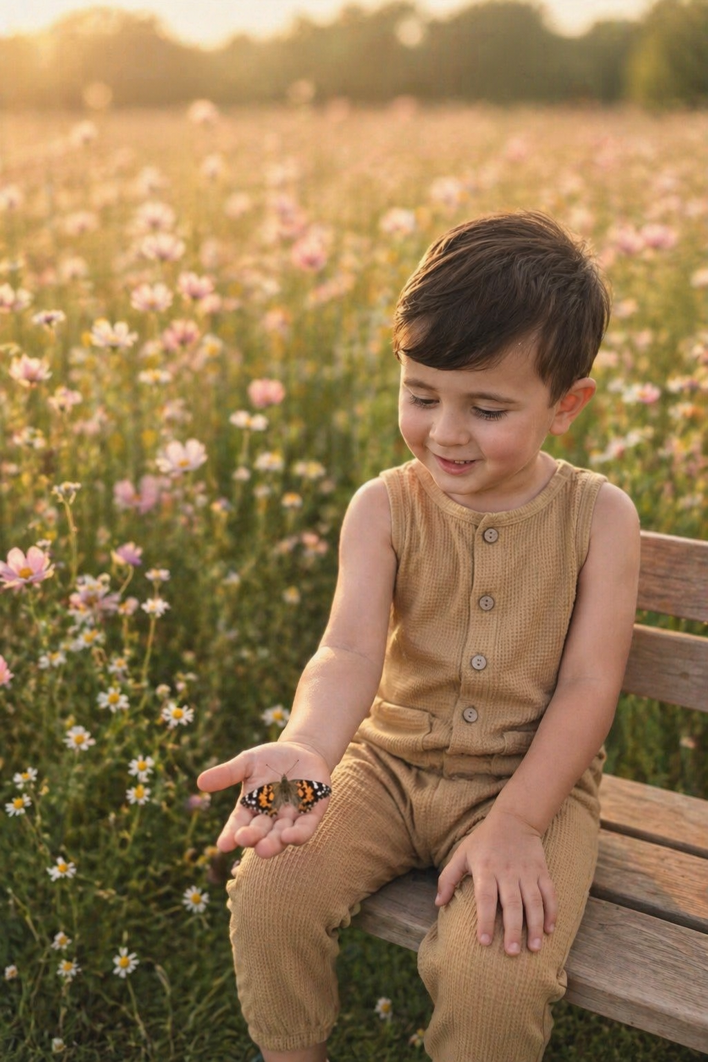 Young child in tan outfit sits on a bench in a wildflower field, holding a butterfly on their hand and smiling promoting healthy sleep.
