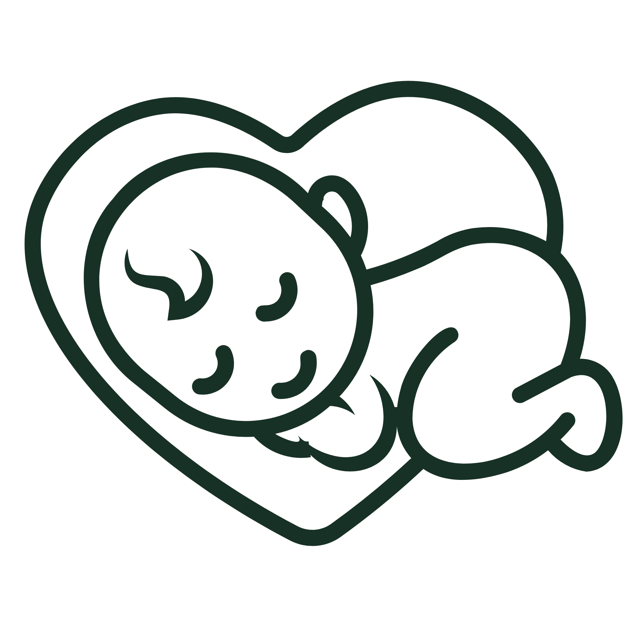 Simple black outline illustration of a sleeping baby curled up inside a heart shape showcasing infant frenectomy