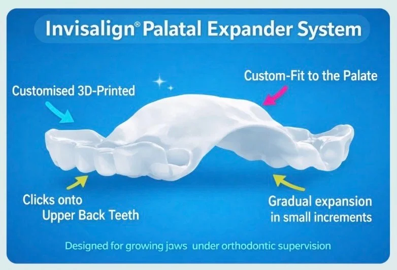 Diagram of Invisalign Palatal Expander System showing a customized 3D-printed device that fits the palate and clicks onto upper back teeth, designed for growing jaws under orthodontic supervision with gradual expansion in small increments.