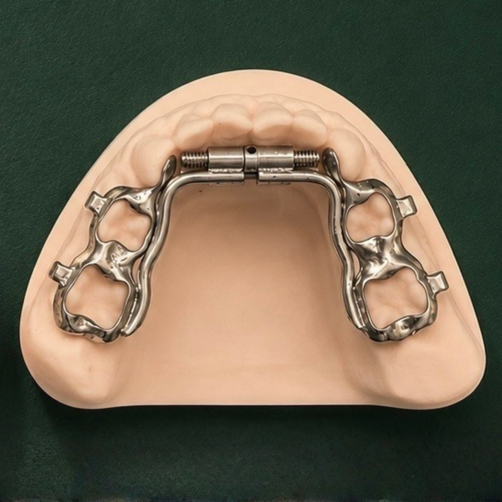 Dental impression tray with a metal framework placed on a dental mold. The mold has a curved shape, mimicking the upper dental arch.