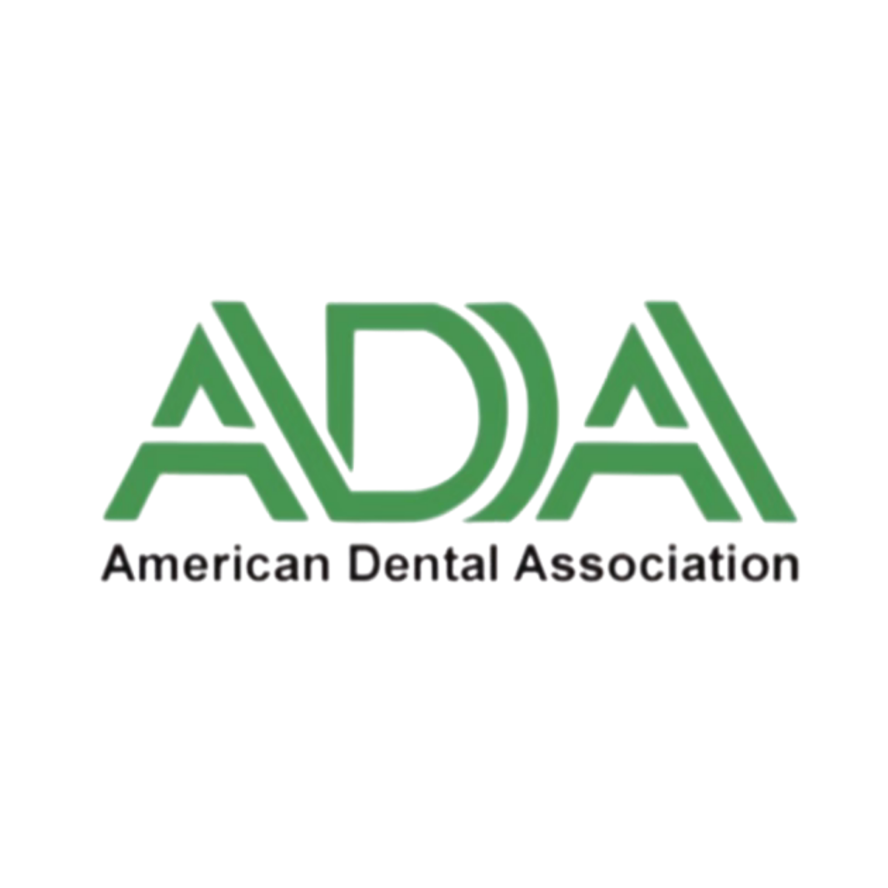 Logo of the American Dental Association featuring the abbreviation ADA in green, with a blue tooth in the center, and the text American Dental Association underneath.