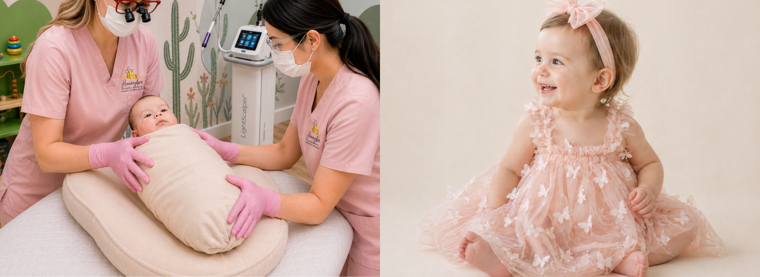 Two healthcare workers examine a baby lying on a padded pillow, wearing a beige blanket, in a medical setting with colorful wall art and medical equipment. A young girl in a peach dress with butterfly details and a pink bow in her hair sits on the floor smiling.