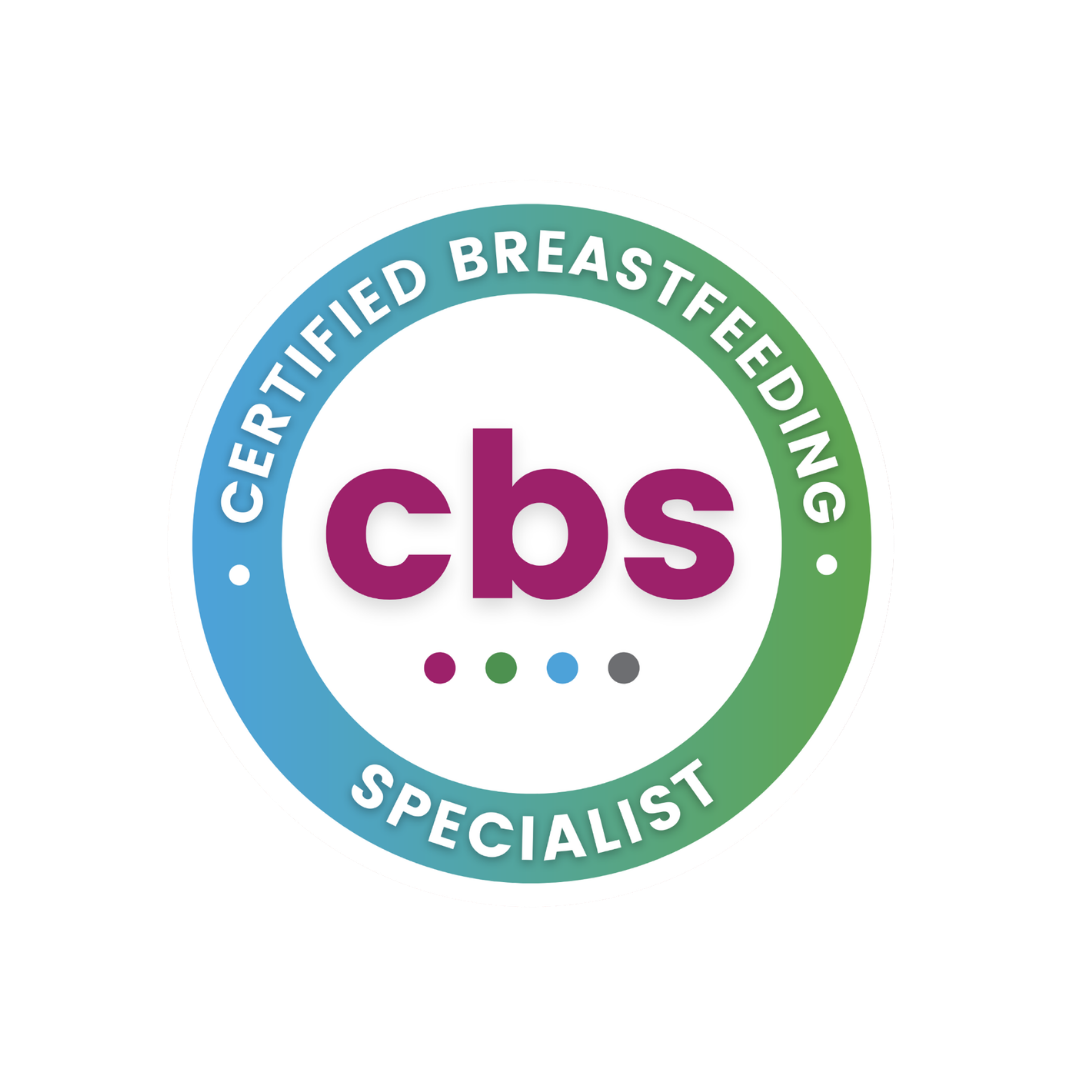 Certified Breastfeeding Specialist badge with 'cbs' initials in the center and a circular border with the text 'Certified Breastfeeding Specialist'.