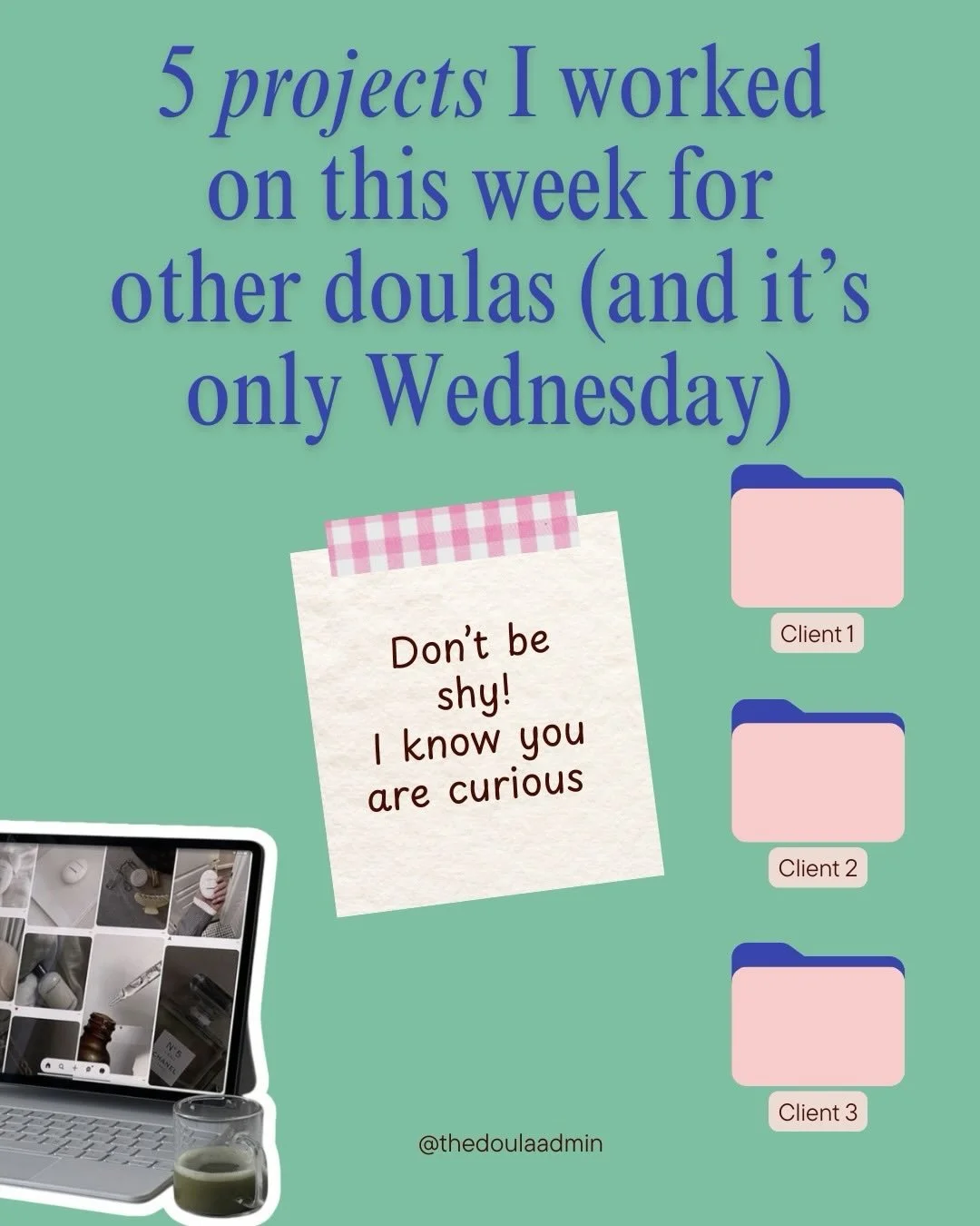 This is what the work actually looks like to work with me. 

SEO website copy for a doula going solo after years with agencies. Packaging and pricing research for a niche practice in a small market. Prospective client follow-up, IC communication, and