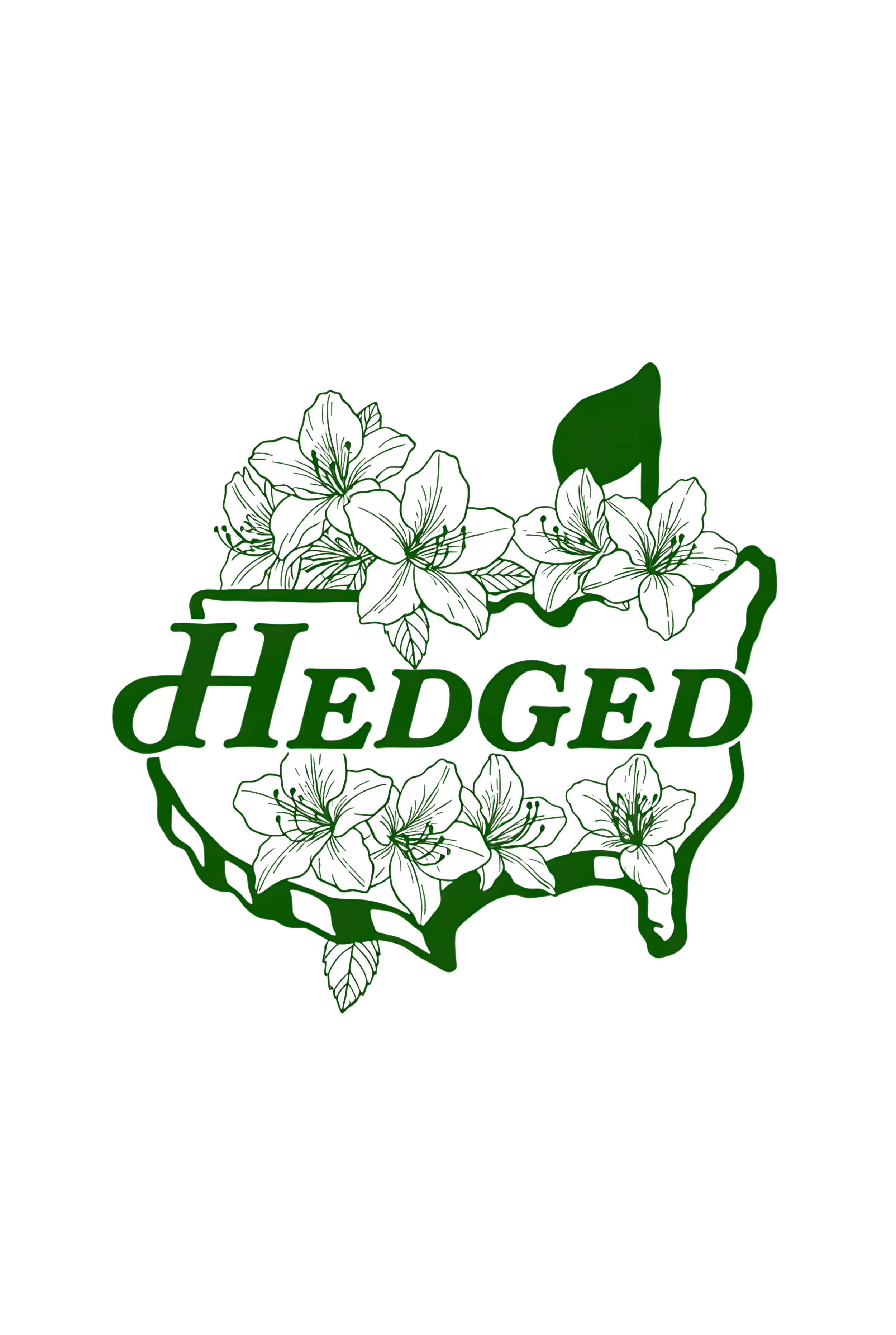 Outline of the United States with floral designs, the word "HEDGED" in green, and green Azaleas and leaves.