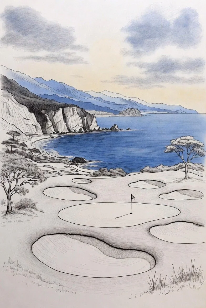 Illustration of a golf course overlooking a coastline with cliffs, mountains, and the ocean, featuring a flag and multiple sand traps.