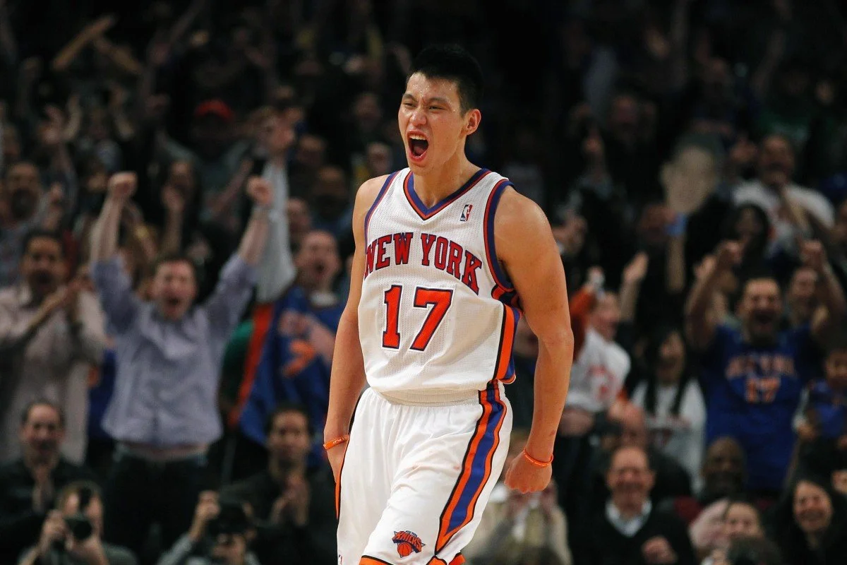 New York Knicks point guard Jeremy Lin reacts after hitting a three-point shot against the Dallas Mavericks in the fourth quarter of their NBA basketball game at Madison Square Garden in New York on February 19, 2012. Photo: Reuters