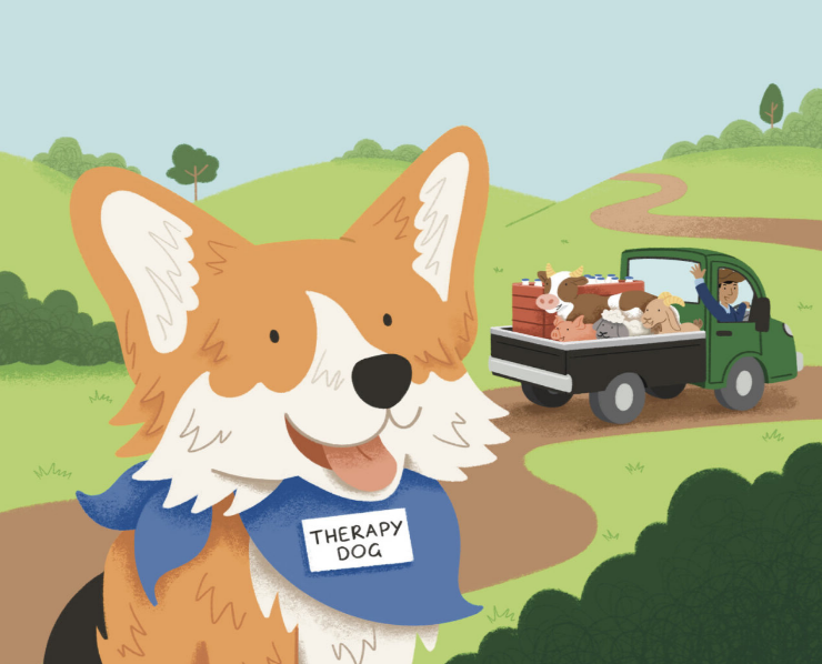 Cartoon therapy dog wearing a blue bandana with a name tag, sitting outdoors with a green landscape and a trail. In the background, a truck is loaded with farm animals waving.