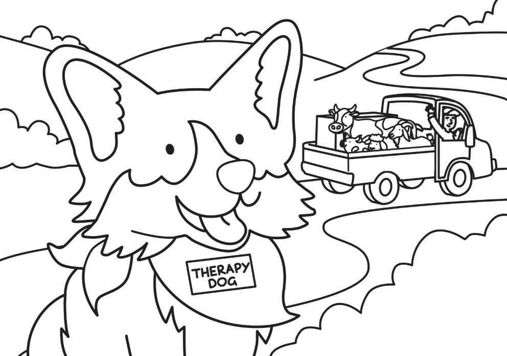 Coloring page of a therapy dog with a badge reading 'Therapy Dog,' outdoors with hills and rivers, and a truck carrying farm animals in the background.