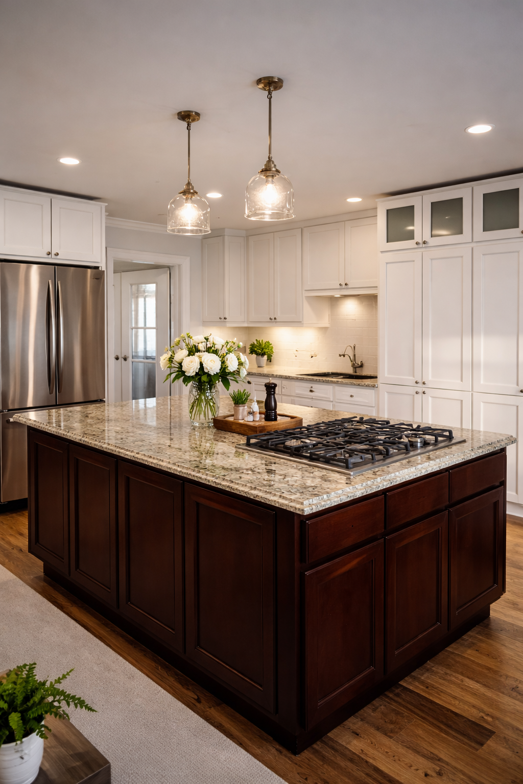 A modern kitchen with a large dark wood island, white cabinets, stainless steel refrigerator, granite countertop, and pendant lighting