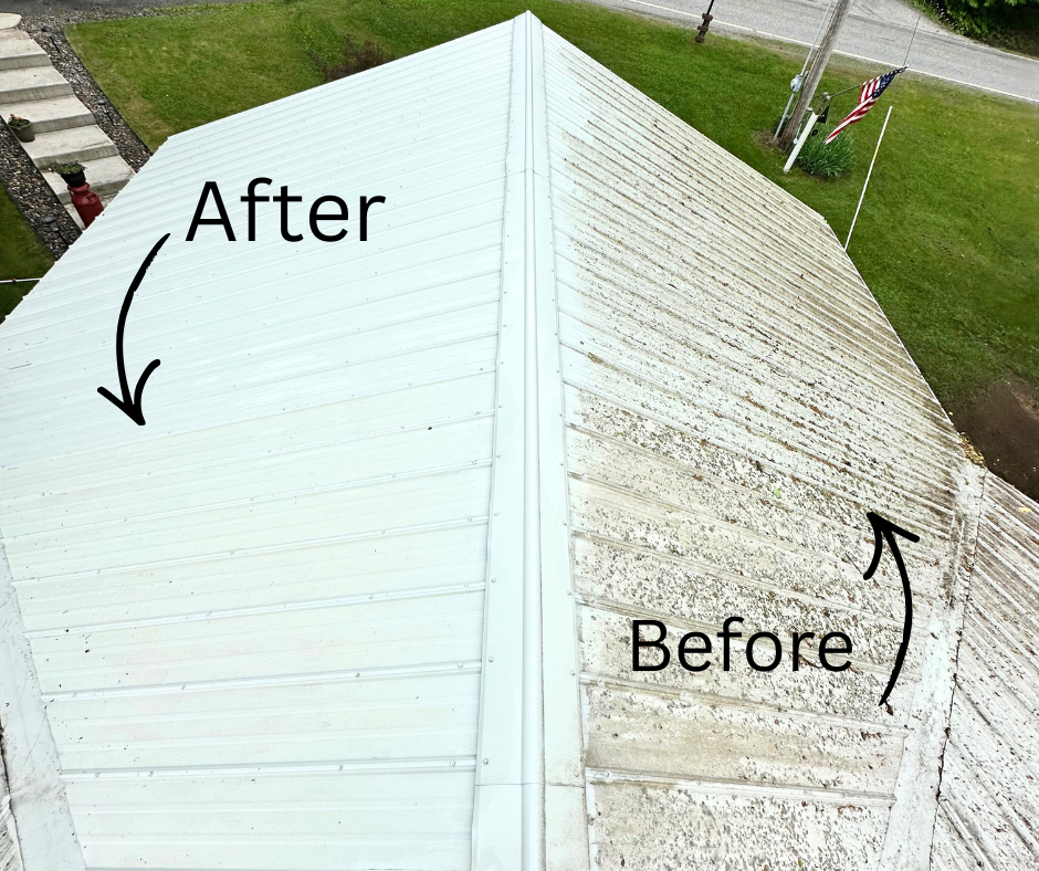 Top view of a metal roof showing a before and after cleaning comparison, with a section labeled 'Before' being dirty and a section labeled 'After' being clean.