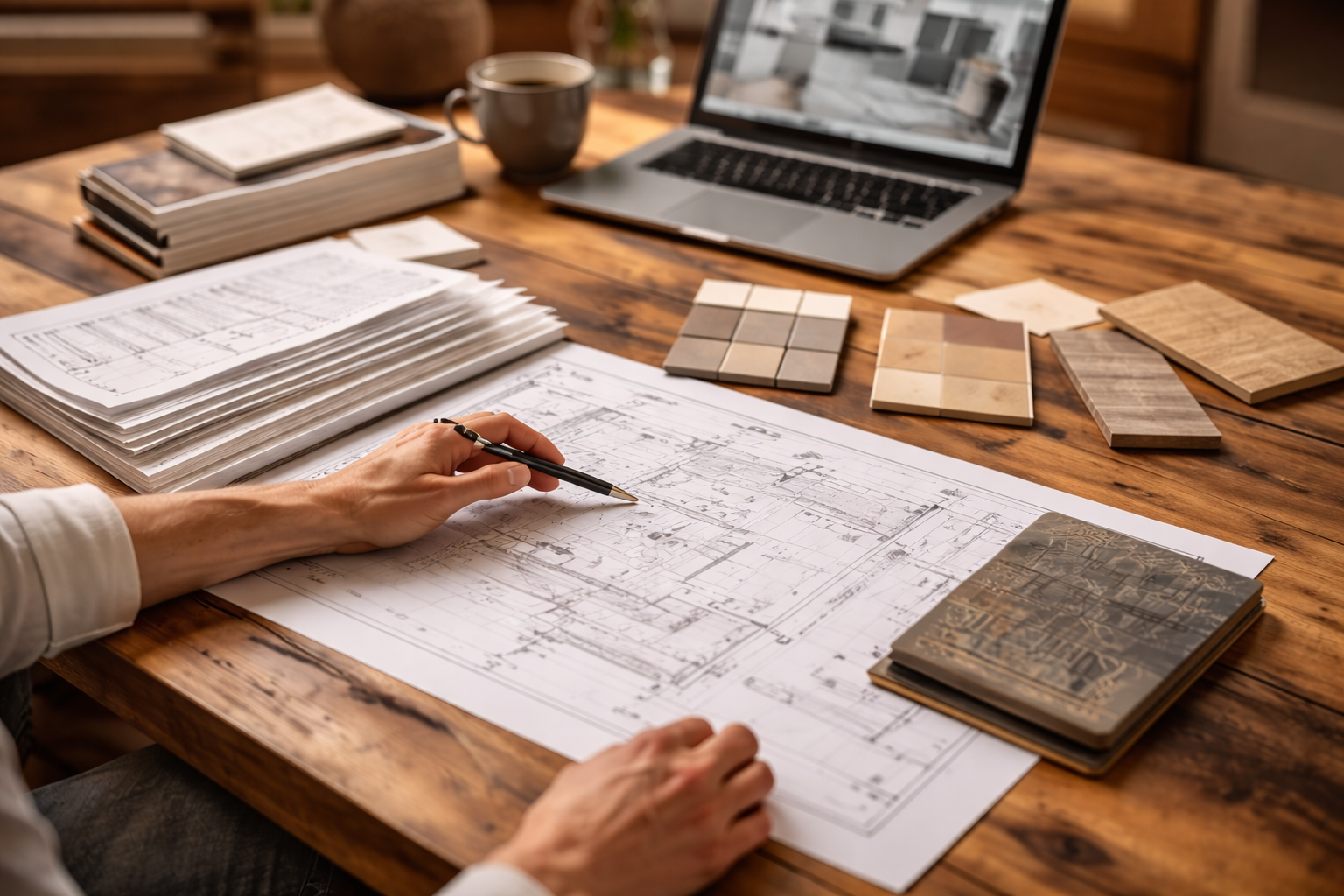 A person examining detailed architectural blueprints on a wooden table, surrounded by color sample swatches, notebooks, a laptop, and a cup of coffee.