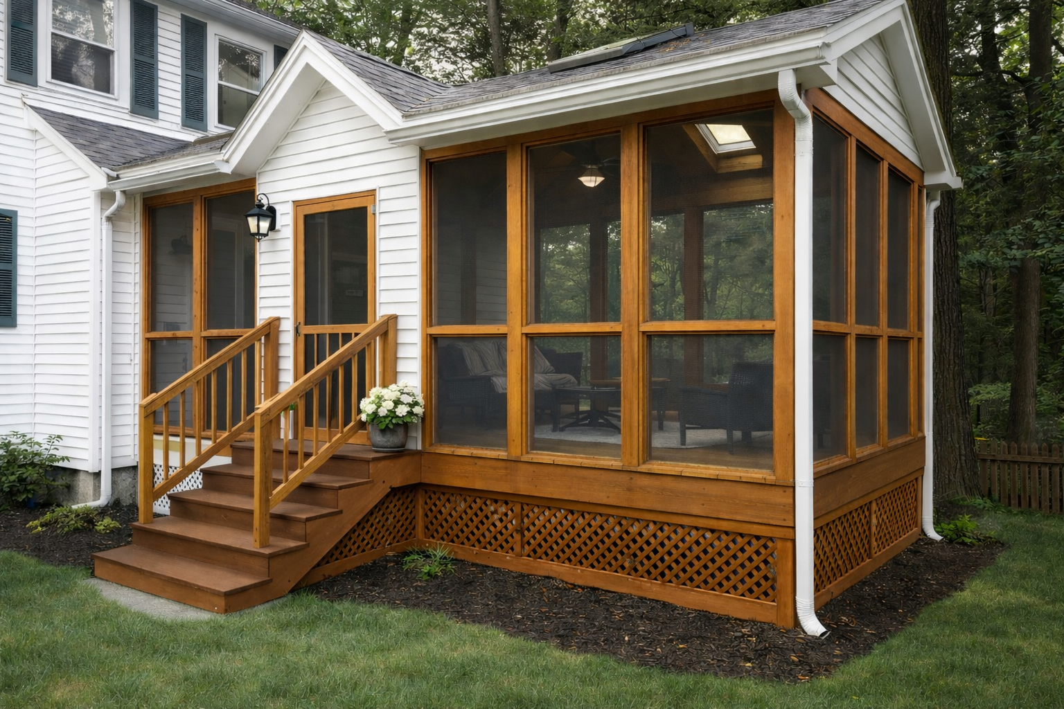 A house with a screened-in porch featuring wooden framing, stairs, and a lamp on the wall, surrounded by greenery.